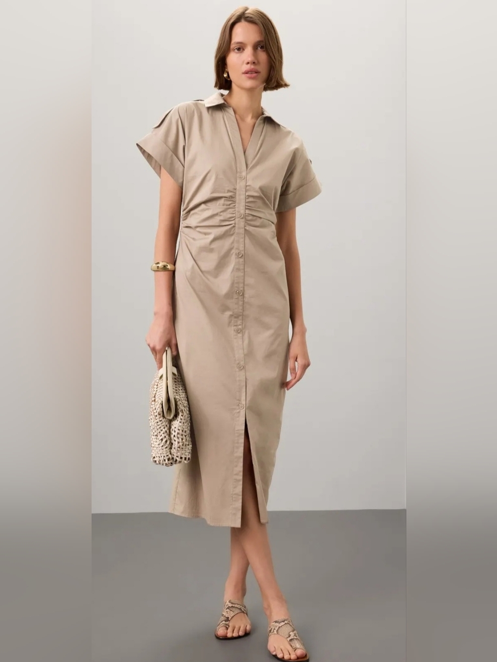 Beige Button-Front Midi Dress